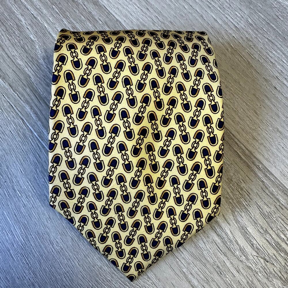 Vintage Beaufort Tie Rack Silk Link Print Tie Equestrian Horse Bit Yellow Blued